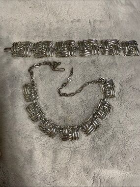 Vintage 50s Silver metal Woven Link Necklace and Bracelet Set